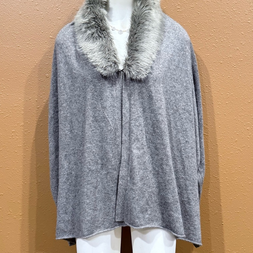 Nordstrom Collection Cashmere Gray Faux Fur Collar Sweater/Cape